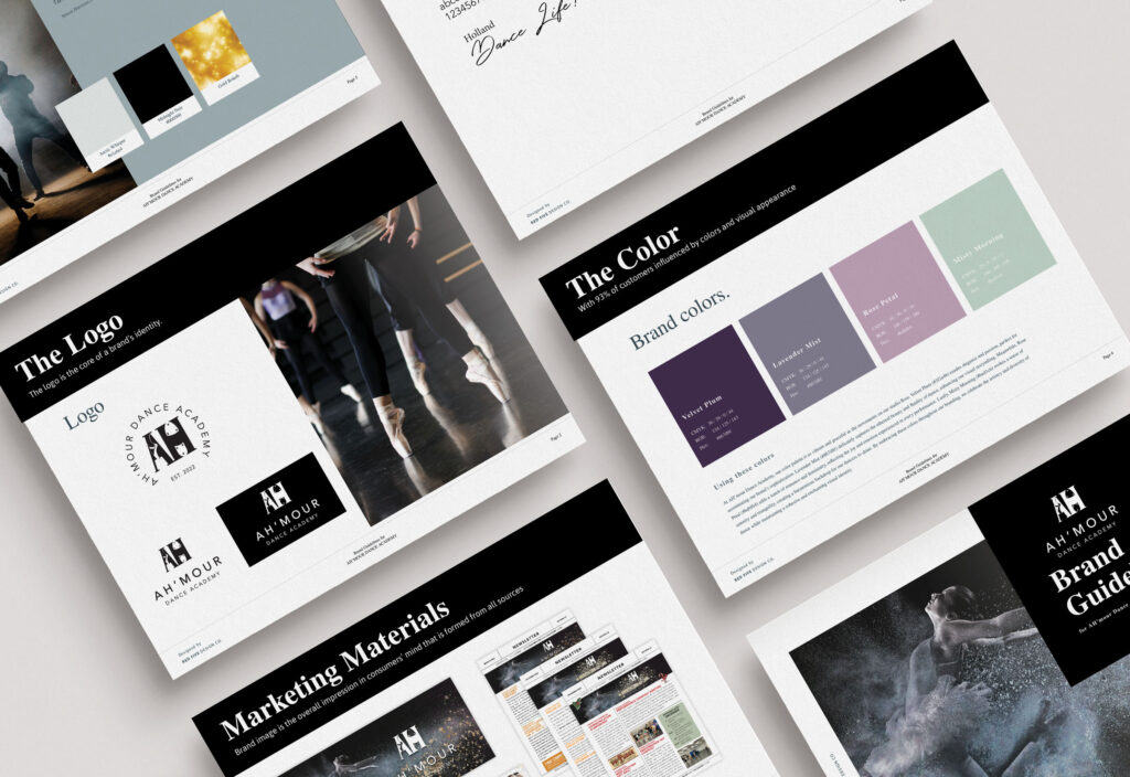 AHmour Dance Academy logo featured on a branding guidelines document.