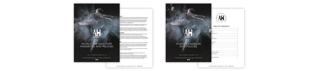 Cover of the Studio Handbook and Policies with a dancer in a powdery splash and the studio logo central on a dark background, shown twice side by side.
