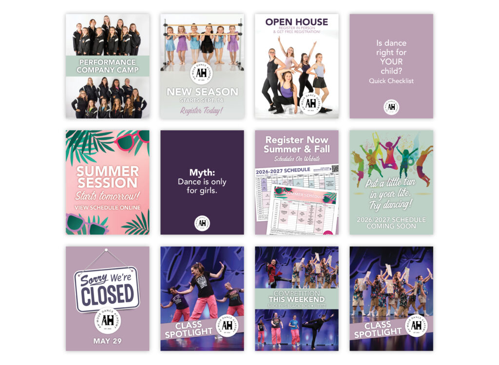 Group of dancers in black uniforms posing for a performance camp poster (multi-photo collage). We see a large class photo arrangement.