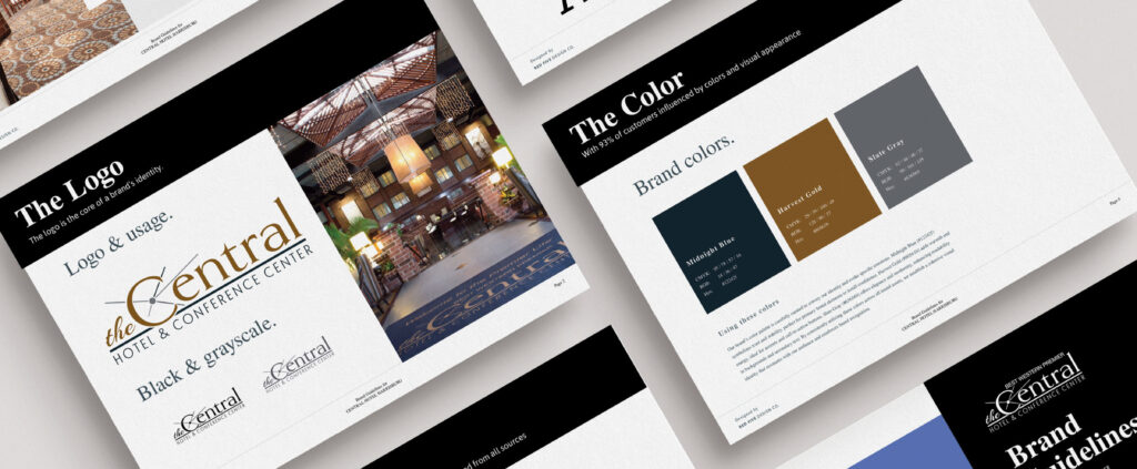 Spread from brand guidelines for Central Hotel & Conference Center, showing the logo, typography, and color swatches.