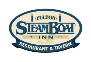 Brand logo for Fulton Steam Boat Inn Restaurant & Tavern, an oval emblem with 'STEAMBOAT' in large decorative lettering and a beige background with a dark blue border.