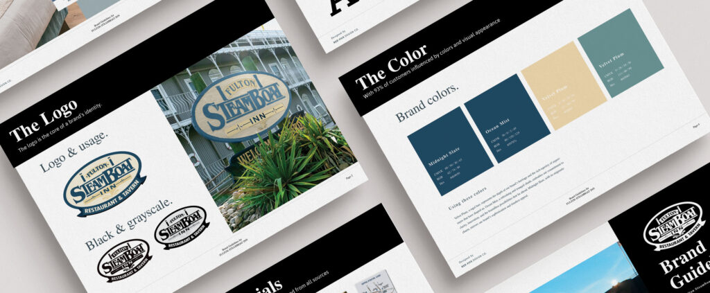 Collage of brand guideline pages showing logos, color swatches, and usage examples for a restaurant brand.