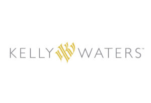Kelly Waters logo featuring a grey wordmark with a gold abstract feather motif between 'Kelly' and 'Waters'