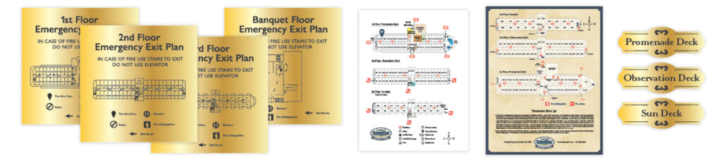 Fulton Steamboat Inn emergency exit plans, evacuation maps and deck identification signs