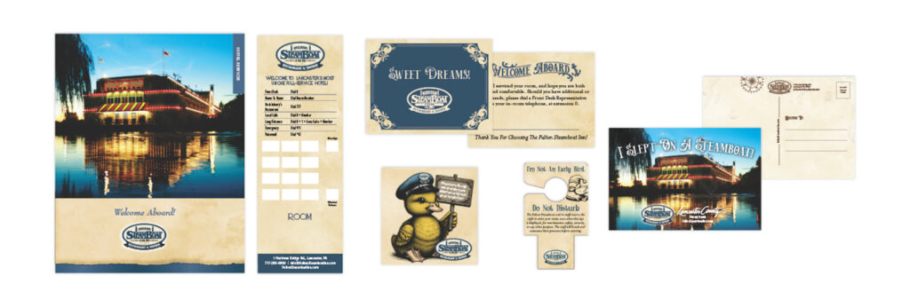 Fulton Steamboat Inn branded in-room guest materials including welcome cards, door hanger, postcard and hotel phone directory