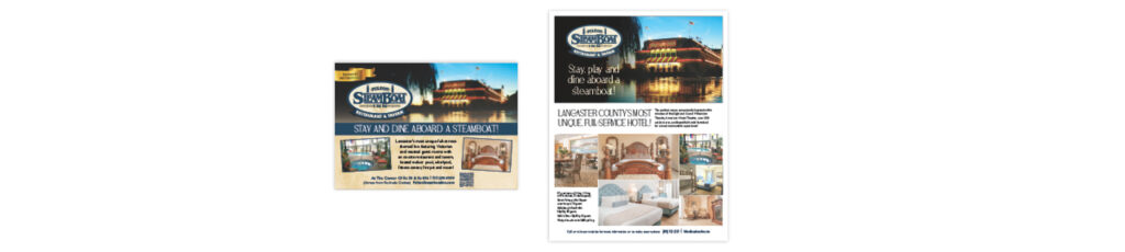 Fulton Steamboat Inn print advertisements featuring hotel accommodations, amenities and steamboat-themed branding
