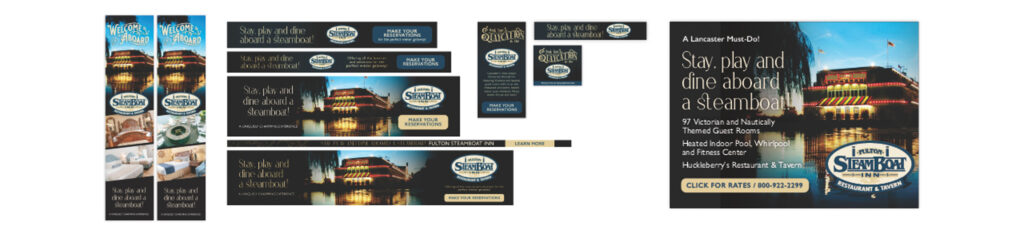 Fulton Steamboat Inn digital banner ads featuring hotel accommodations, amenities and steamboat-themed branding
