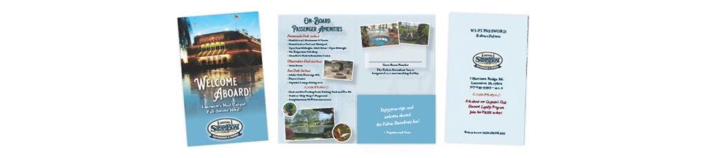 Fulton Steamboat Inn key card folder featuring hotel amenities, guest room information and nautical-themed branding