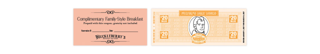Fulton Steamboat Inn complimentary breakfast voucher and branded Boat Bucks promotional coupon
