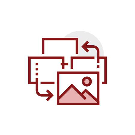 Overlapping document icons around a photo thumbnail with arrows, depicting image transfer or editing workflow