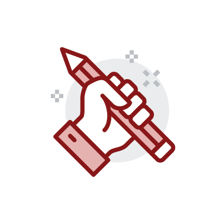 Hand gripping a red pencil at an angle, ready to write (illustration)