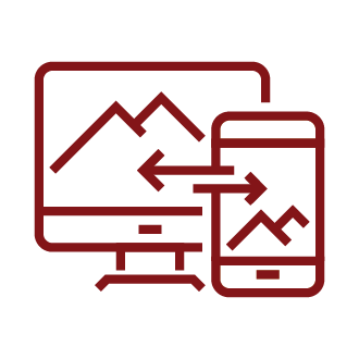 Desktop monitor and smartphone with arrows between them, symbolizing screen sharing or content synchronization.