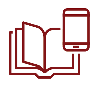Icon showing an open book with a smartphone, representing mobile reading or digital library access.