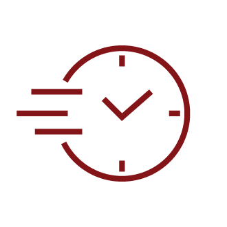 Red clock icon with motion lines indicating speed or quick service/throughput.
