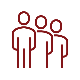 Three stylized people standing together, representing a group or team.