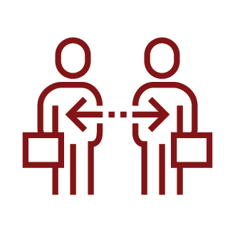 Two people with briefcases face each other, arrows between them with a dashed line, signaling a contactless or distance-based exchange.