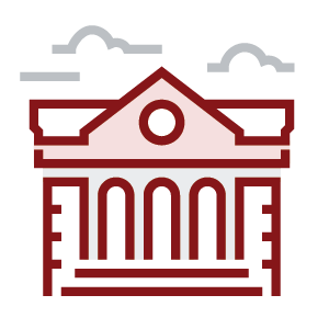 Stylized red illustration of a classical government building with six arches, a triangular pediment, and a circular window, with clouds in the sky.