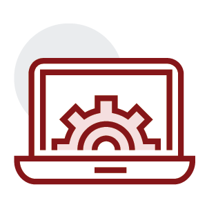 Laptop with a gear emblem on the screen, representing settings or configuration.